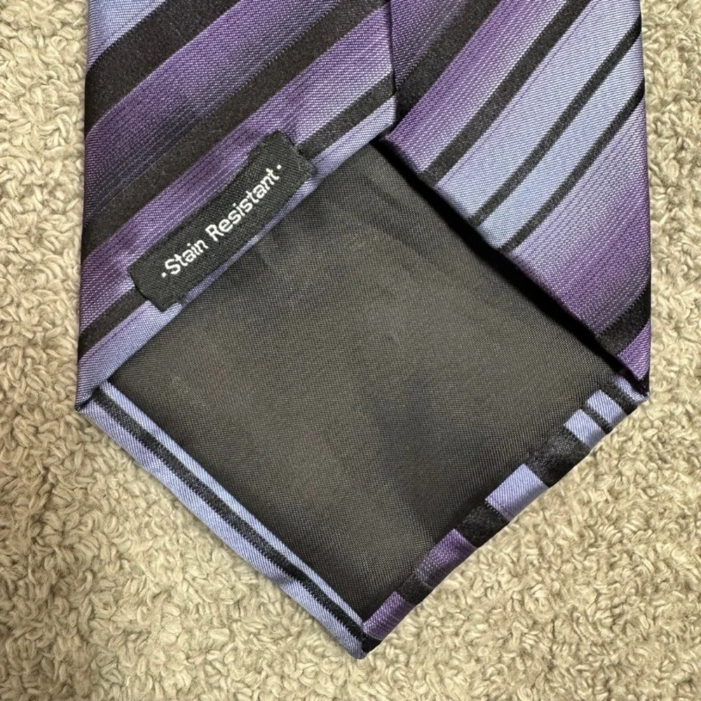 Van Heusen Mens Purple Black Striped Silk Necktie Stain Resistant Handmade Tie
